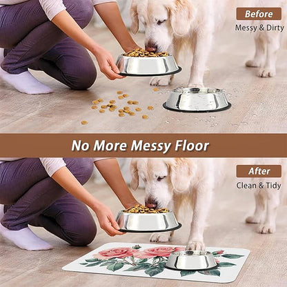 Pink Rose Pet Feeding Mat,Vintage Absorbent Quick-Dry Cat Dog Food and Water Bowl Mats,Non-Slip Rubber Backing Mat,Cat Dog Accessories Supplies 16"x24"