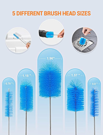 66" Flexible Drain Brush Tool with Large Brush Head and Double Elastic Nylon Ends, Stainless Steel Long Tube Cleaning Brushes for Kitchen, Sink, Drain Pipe and Long Pipe Cleaning