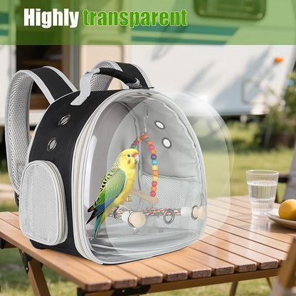 Portable Parrot Travel Cage Carrier with Small Swing Toy&Cage Colorful Toys Set Small Bird Parakeet Bag with Standing Perch Bird Carry Transport Bag (Black, Backpack/Swing)