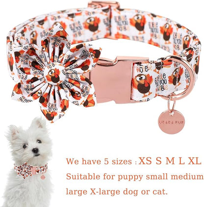Thanksgiving Dog Collar with Flower, Turkey Cotton Flower Collar for Puppy Girl Dog or Cat, Autumn Flower Collar with Durable Metal Buckle, Thanksgiving Pet Collar, XS, Neck 8-12in