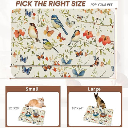Butterfly Bird Dog Food Mat for Floors,Vintage Nature Absorbent Pet Food and Water Bowl Mats,Non-Slip Pet Feeding Mat,Pet Supplies 12" x 20"
