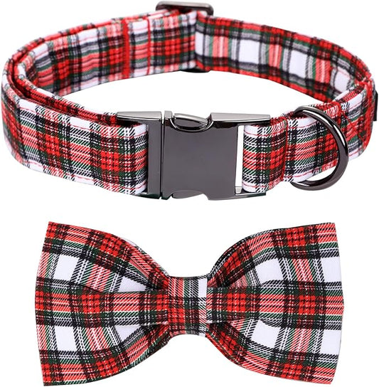 Christmas Dog Collar, Red Plaid Cotton Collars with Bow Adjustable Pet Collar Premium Metal Buckle, Christmas Puppy Necklace for Medium Girl and Boy Dogs
