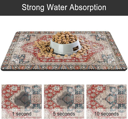 Dog Food Mats for Floors, Absorbent and Quick-Drying Pet Cat Food Mat,Anti-Fouling and Easy-to-Clean Pet Feeding Mat,Dog Bowl Mat for Messy Drinking Water Bowls.17 x32, Bohemia Style