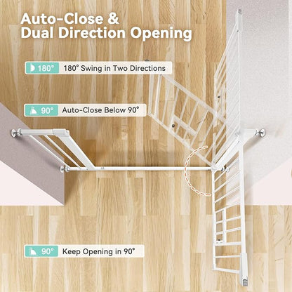 COMOMY Auto Close Baby Gate with Cat Door, 29.5"-40.5" Extra Wide Dog Gate for House Doorways Stairs, Pressure Mounted Easy Walk Thru Pet Gate, Includes 4 Wall Cups and 2 Extension Pieces, White