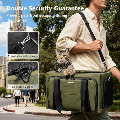 Pecute Cat Carrier Expandable, Stable Pet Carrier with 5mm Thick Steel Wire Frame, Dual-Side 200% Larger Space, Car Travel Carrier with Locking Zippers & Belt, Foldable for Storage,Green