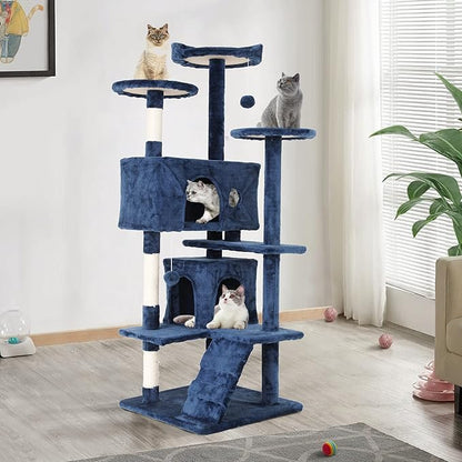 Heavy Duty Cat Tree Tower, 54" Tall Cat Tower for Indoor Cats with Cat Scratching Post with Bed, Cat Condo, Hanging Ball, Multi-Level Cat Climbing Tower Cat Trees Furniture Activity Center, Navy Blue
