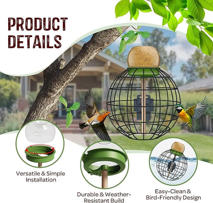 LONA Squirrel Proof Bird Feeding Cage for Outdoor All-Weather Metal Caged Bird Feeder with Peanut Butter Jar Holder, Trapeze Stick, Chew-Proof Feeding Cage for Small Birds (Round Cage, 1 Feeding Unit)