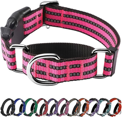 Hikiko Martingale Dog Collars Reflective Nylon Dog Collar with Quick Release Buckle Adjustable Training No Slip Dog Collar (X-Large, Hot Pink)