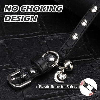 EXPAWLORER Leather Cat Collar for Girl Boy- Adjustable Pet Collar with Safety Elastic Belt,Personalized Heart Accessories Buckle Collars with Bell & Durable D-Ring,Heart (Black)