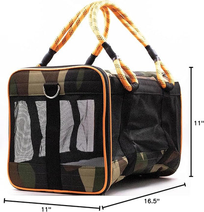 Buddy's Best Airline Approved Pet Carrier – Army Camo & Orange for Dog or Cat, Fits Under Seat, TSA Compliant, Ventilated Mesh Design w/Waterproof Base & Reflective Strips