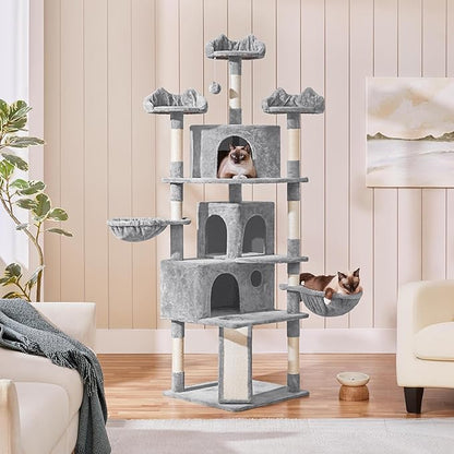 Yaheetech 76.5in Multi-Level Large Cat Tree, Big Cat Tower with 3 Condos, Cozy Plush Perches, 9 Sisal Scratching Posts and Ladder, Activity Center for Large Kitties, Light Gray