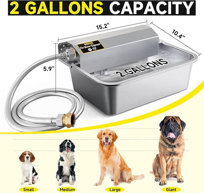 Automatic Dog Water Dispenser, 2 Gallons 304 Stainless Steel Large Dog Water Bowl Dispenser for Indoor/Outdoor, Pet & Livestock Water Feeder, Auto Fill, Fits GHT 3/4" Faucet, Easy to Clean