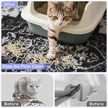 Bienbee Cat Litter Mat, 33" x 22" Large Size Litter Box Mat Rug with Non-Slip Bottom,Urine and Water Proof, Easy to Clean Cat Supplies Essentials for Indoor Kitty Kitten Floor, Black L