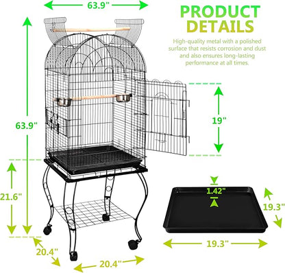 SUPER DEAL 63.5'' Rolling Bird Cage Large Wrought Iron Cage for Cockatiel Sun Conure Parakeet Finch Budgie Lovebird Canary Medium Pet House with Rolling Stand & Storage Shelf