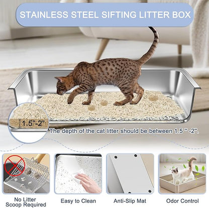 Teheao 2 Pack Stainless Steel Sifting Cat Litter Box for Clumping Litter, XL Extra Large Metal Sifter Tray Pan with Cat Litter Bag, Low Dust, Odor Control, Easy Cleaning (19.7"*13.8"*5.9")