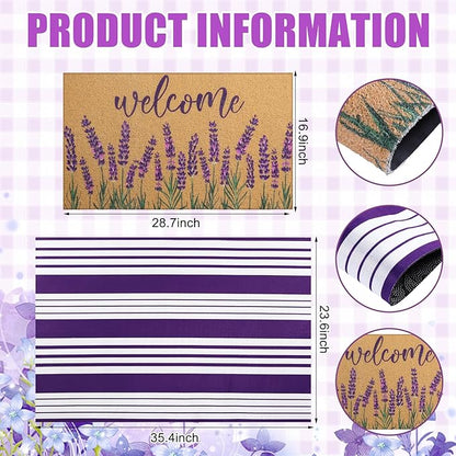 Tinideya 2 Pcs Lavender Door Mat Purple and White Stripe Welcome Non Slip Coir Mats Flower Floor Layering Doormats Seasonal for Front Porch Entryway Decor(Lavender)