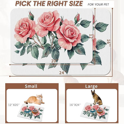 Pink Rose Pet Feeding Mat,Vintage Absorbent Quick-Dry Cat Dog Food and Water Bowl Mats,Non-Slip Rubber Backing Mat,Cat Dog Accessories Supplies 16"x24"