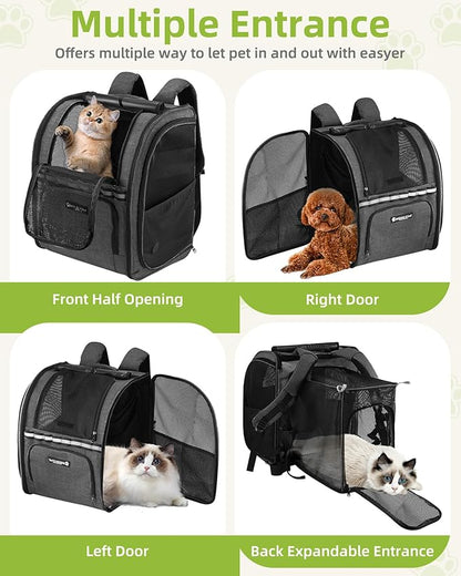 Expandable Cat Carrier Backpacks with Breathable Mesh, Pet Carrier Backpack for Cats Small Dogs Puppies Up to 20 Lbs, Dog Carrier Backpack Great for Travel/Hiking/Camping/Outdoor-Grey with Green