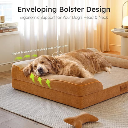 Extra Large Dog Bed, Orthopedic Dog Beds with Cooling Gel Memory Foam, Waterproof XL Pet Bed with Removable Washable Cover, 42" Pet Sofa Couch Dutch Velvet with Bone Toy, Brown
