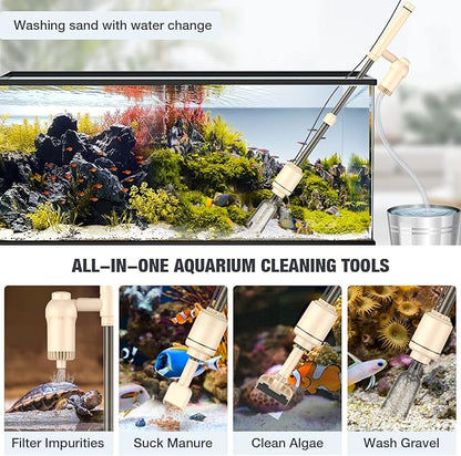 AKKEE Aquarium Vacuum Gravel Cleaner: 18W Gravel Vacuum for Fish Tank with Strong Suction for Automatic Change Water, Remove Dirt Wash Sand Water Shower and Water Circulation, Beige