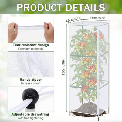 6 Pcs Garden Bird Netting Plant Cover for Square Tomato Cage 59" x 17.7'' Insect Bird Barrier Tomato Cage Net with Zipper & Drawstring, Plant Trellis Netting Protection Cover