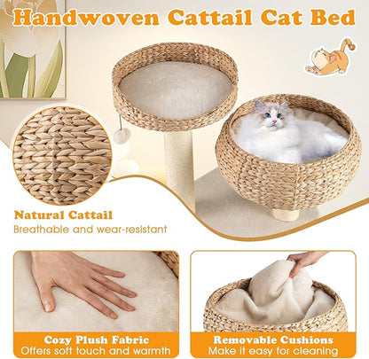PETSITE 41 Inch Modern Cat Tree for Indoor Cats, Multi-Level Cute Cat Tree with Scratching Posts, Hand-Made Wicker Cat Condo & Top Perch, Dangling Ball, and Sisal Rope, Beige