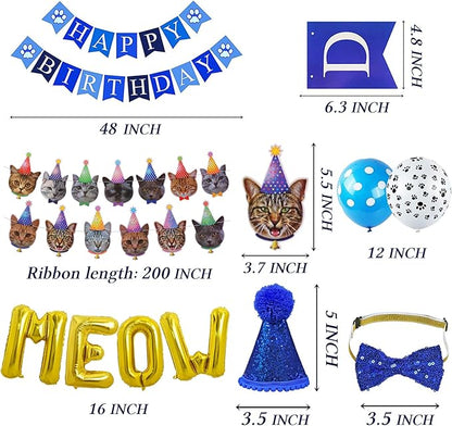 STMK Cat Birthday Party Supplies, Cat Birthday Hat with Numbers Bandana Bow Tie Collar Banner Garland MEOW Letter Balloons for Cats Kittens Outfits Decorations