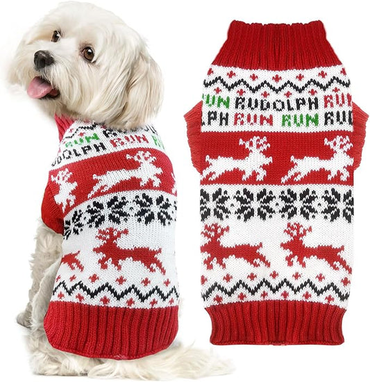 Dog Christmas Sweater Xmas Pet Clothes Cute Reindeer Christmas Dog Costume Outfits Holiday Knitwear Puppy Cat Jumpers New Year Gifts for Small Medium Large Dogs(Red Runing Deer,XS)