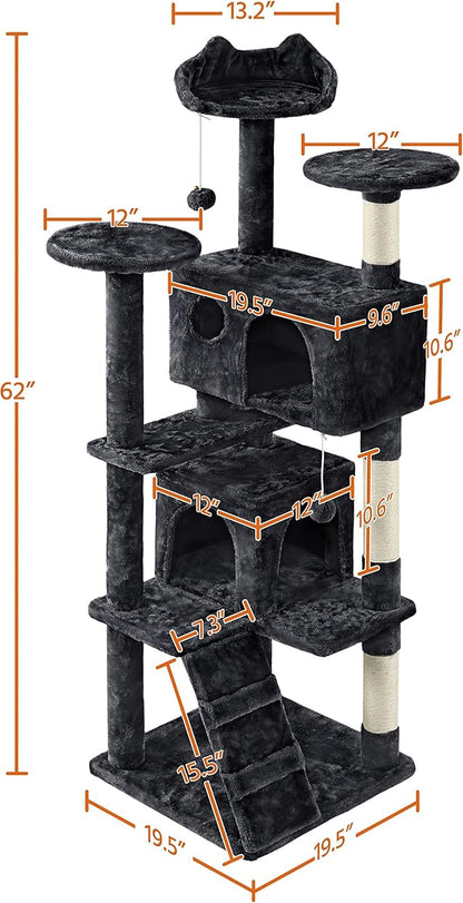 Yaheetech 62in Cat Tree Cat Tower for Indoor Kitten, Pet Furniture w/Double Condo, Scratching Posts, Multiple Platforms and Balls for Kittens, Black