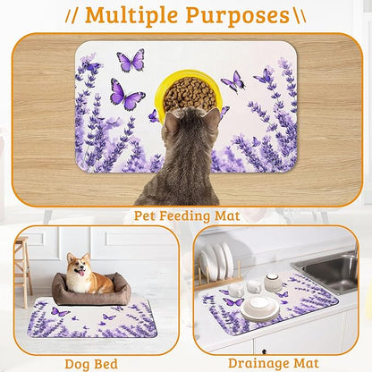 Pet Feeding Mat,Lavender Butterfly Absorbent Dog Cat Food Mat Purple Dog Mat with Rubber Backing,Non-Slip Water Bowl Placemat,Pet Supplies 12" x 20"