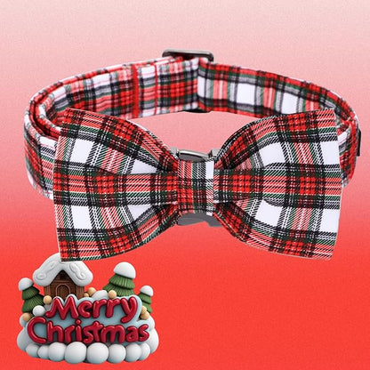 Christmas Dog Collar, Red Plaid Cotton Collars with Bow Adjustable Pet Collar Premium Metal Buckle, Christmas Puppy Necklace for X-Large Girl and Boy Dogs