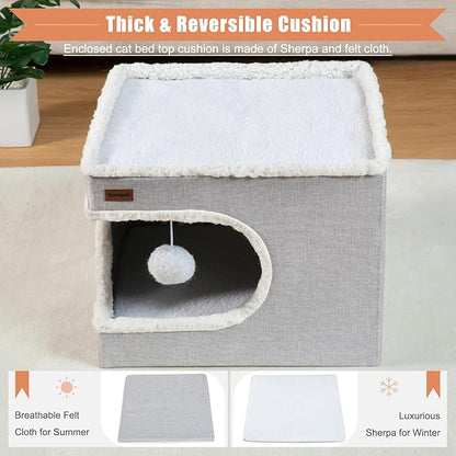 Cat Bed for Indoor Cats Cube House, Covered Cat Cave Beds & Furniture with Scratch Pad and Hideaway Tent, Cute Modern Cat Condo for Multi Small Pet Large Kitten Kitty, Khaki
