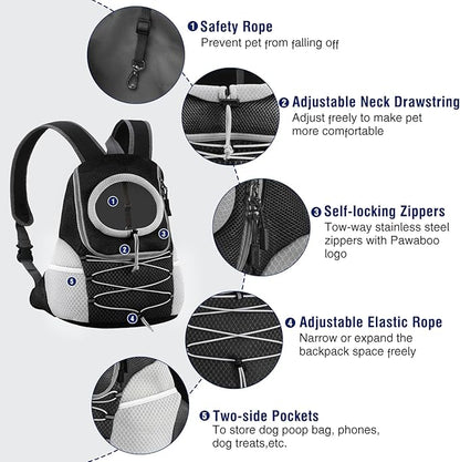 Pawaboo Pet Dog Carrier Backpack, Puppy Dog Travel Front Carrier for Small Medium Dogs Cats, Adjustable Breathable Dog Carrying Backpack with Safety Strips for Hiking, Walking (Black M Up to 10 lbs)