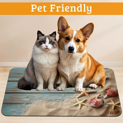 Sand Starfish Dog Cat Food Mat,Wood Board Absorbent Waterproof Placemat for Food and Water Non Slip Rubber Backing Durable Feeding Pad for Clean Floors 16" x 24"