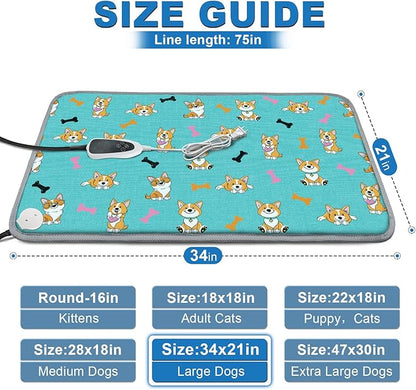 Large Dog Heating Pad 34x21in with Smart Thermostat Switch and Power Line Protection Tube,Obtained MET and UL Dual Certification,Waterproof Pet Pad, Suitable for Dogs of All Ages-Blue
