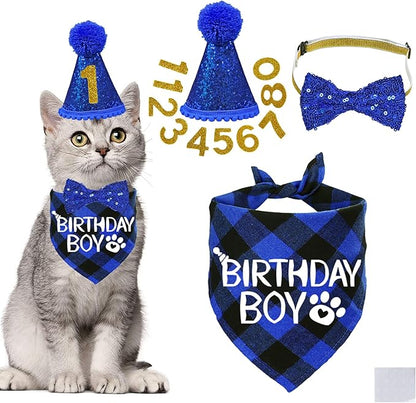 STMK Cat Birthday Decorations, Cat Birthday Hat with Number Bandana Bow Tie Collar for Cats Kittens Apparel Birthday Outfits