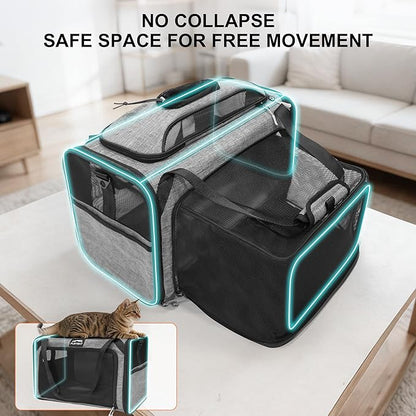 Top and Side Expandable Pet Carriers, 16x11x11 Airline Approved Soft-Sided Cat Carrier for Small Dogs and Cats, in-Cabin Travel Carrier with Anti-Scratch Mesh, Grey