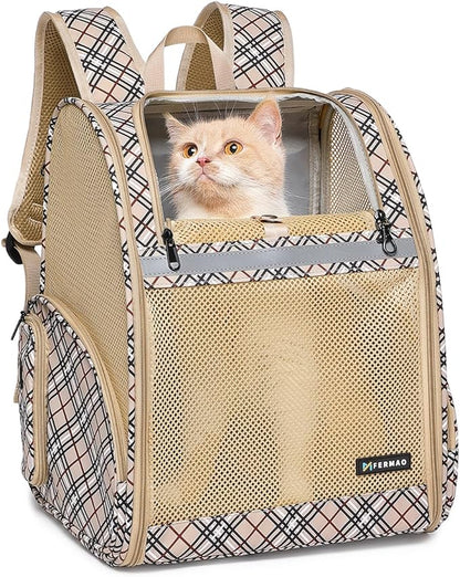 Cat Backpack Carrier for Small Dogs and Medium cat Puppy Kitten Bunny Pet Carrier Backpack Collapsible with Fully Ventilated Mesh with Safety Leash (Khaki, 12.9" L x 10.62" W x 15.5" H - M)