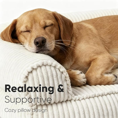 FUKUMARU Cute Dog Bed, Thickened Orthopedic Dogs Couch, 36in Egg Crate Foam Pet Sofa for Medium to Large Dogs, Waterproof Warm Corduroy Pet Bed with Washable Cover, Cream