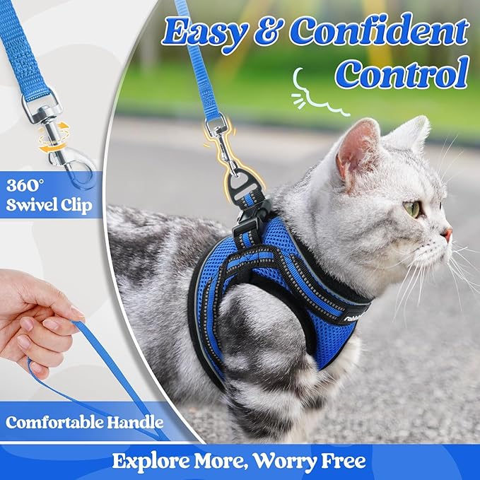 rabbitgoo Cat Harness and Leash Set for Walking Escape Proof, Adjustable Soft Kittens Vest with Reflective Strip for Cats, Comfortable Outdoor Vest,Blue,L