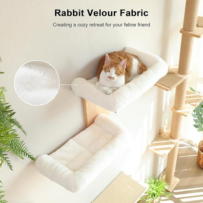 FUKUMARU Cat Wall Shelves, 2 Platform Cats Walls Furniture, Tree Shape Kitten Floating Shelf with Soft Cushion Perch, Solid Rubber Wood for 16 Inch Drywall, Suitable for Climb, Play, Nap