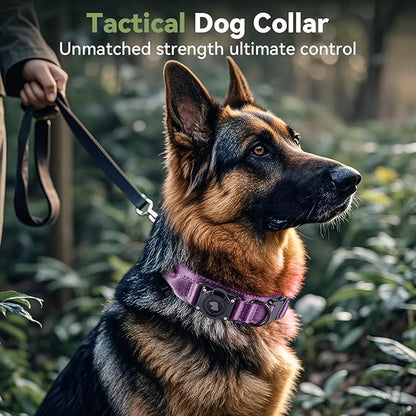2025 Upgrade Waterproof AirTag Dog Collar, Military Tactical Dog Collar with AirTag Holder, Comfortable Control Handle and Metal Buckle, GPS Dog Collar Holder for Medium to Large Dogs (Purple, M)