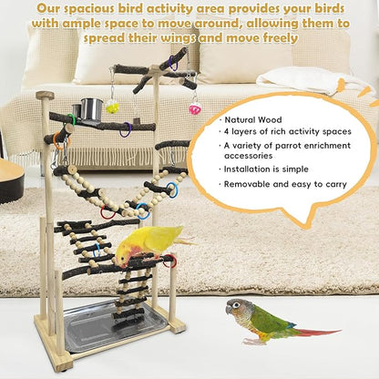 kathson Large Bird Playground - Natural Wood Perch Gym 4 Layers Parrot Playstand Activity Center with Perches Ladder Chew Toys Removable Tray and 2 Stainless Steel Cups for Small and Middle Birds