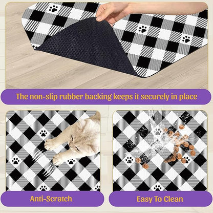 Cat Checked Plaid Dog Cat Food Mat, Absorbent Feeding Mat with Fast-Dry Surface, Rubber Backing for Messy Drinkers – 16x24 Inch