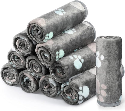 Tegeme 12 Pcs Pet Blankets Soft Fluffy Fleece Dog Cat Warm Paw Print Pattern Blankets Flannel Throw for Pets Dog Puppy Cat(23 x 16 Inch,Dark Gray)