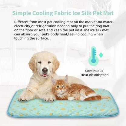 NWK Pack of 4 Pet Cooling Mat - Ice Silk Cooling Mat for Dogs & Cats Portable & Washable Pet Cooling Blanket, Car Seats, Beds for Summer (4pcs, Green Fruit, 27’’ X 20’’ X 0.3)