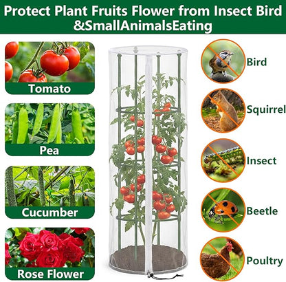 2 Pcs Garden Bird Netting for Round Plant Cage, 59" x 18" Tomato Cage Garden Net Cover with Zipper, Tomato Trellis Insect Bird Barrier Protection Mesh for Vertical Climbing Plants Vegetables Fruits
