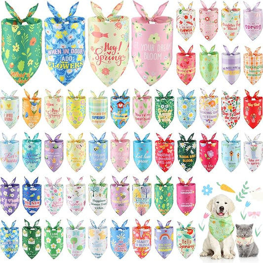 Chunful 50 Pcs Spring Dog Bandanas Floral Dog Bibs Seasonal Pet Costume Adjustable Cat Puppy Spring Outfit Cute Washable Triangle Scarf Kerchief for Small to Medium Pet