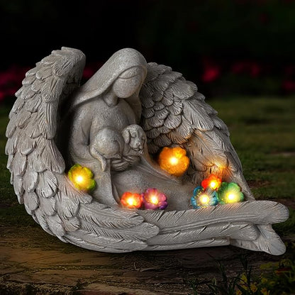 Solar Garden Decor - Memorial for Loss of Dog with Angel Statue, Solar Powered Outdoor Pet Memorial Stone & Dog Remembrance Gift for Backyard, Cemetery Handmade Eco-Resin, 7 LED Lights