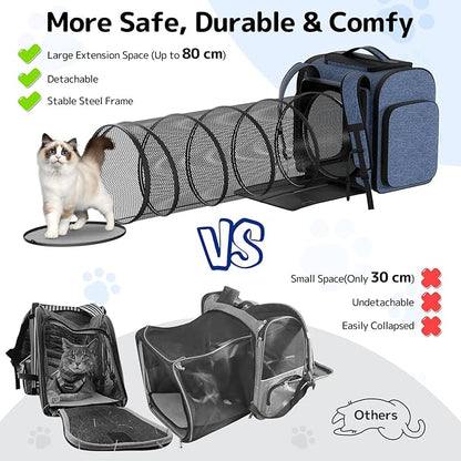 Cat Carrier Backpack with Detachable Play Tunnel, 2 in 1 Cat Tunnel Backpack Suitable for Carrying & Playing, Expandable Pet Carrier for Small Medium Kitten Puppy, Suitable for Travel Hiking Camping